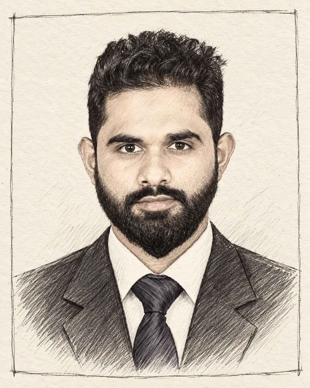 Hand-drawn portrait of Azharul Islam in a suit and tie