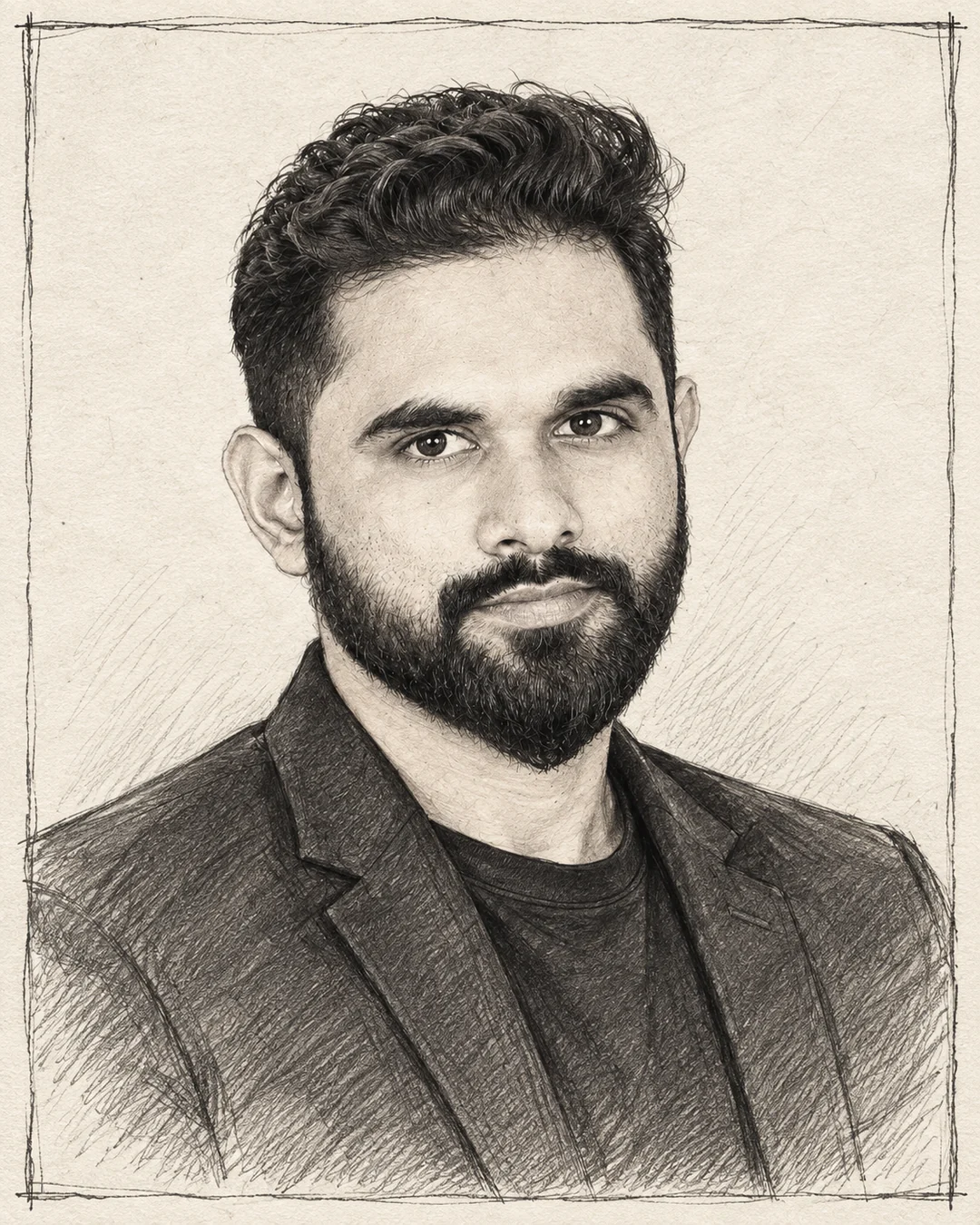 Hand-drawn portrait of Azharul Islam wearing a black blazer